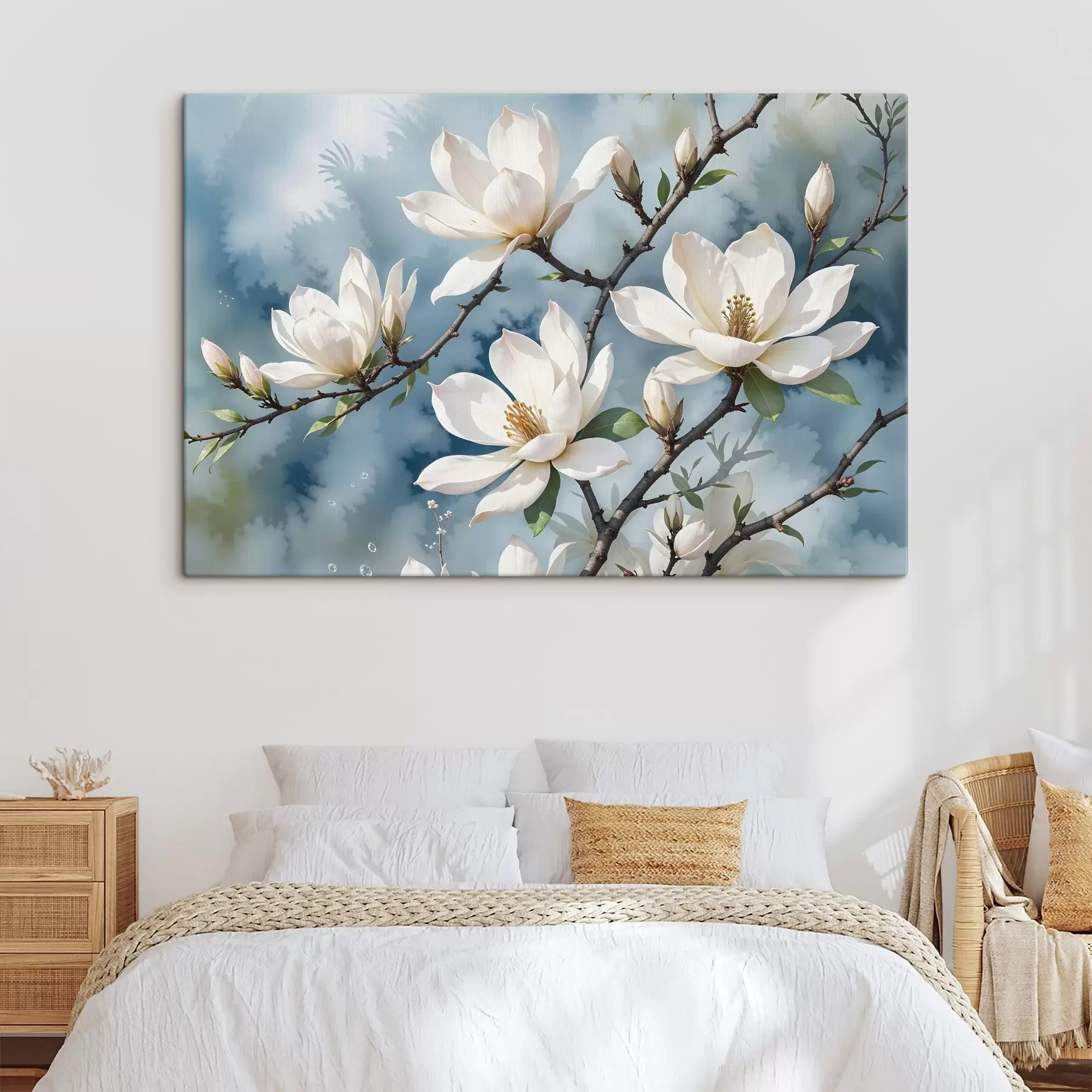 Fototapetai Baltos magnolijos gėlės žydi ant medžių šakų minkštame akvareliniame mėlyno dangaus fone s41081