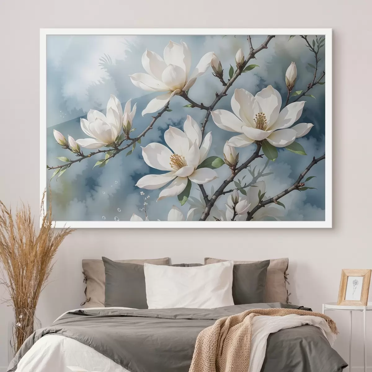 Plakatas Baltos magnolijos gėlės žydi ant medžių šakų minkštame akvareliniame mėlyno dangaus fone f41081