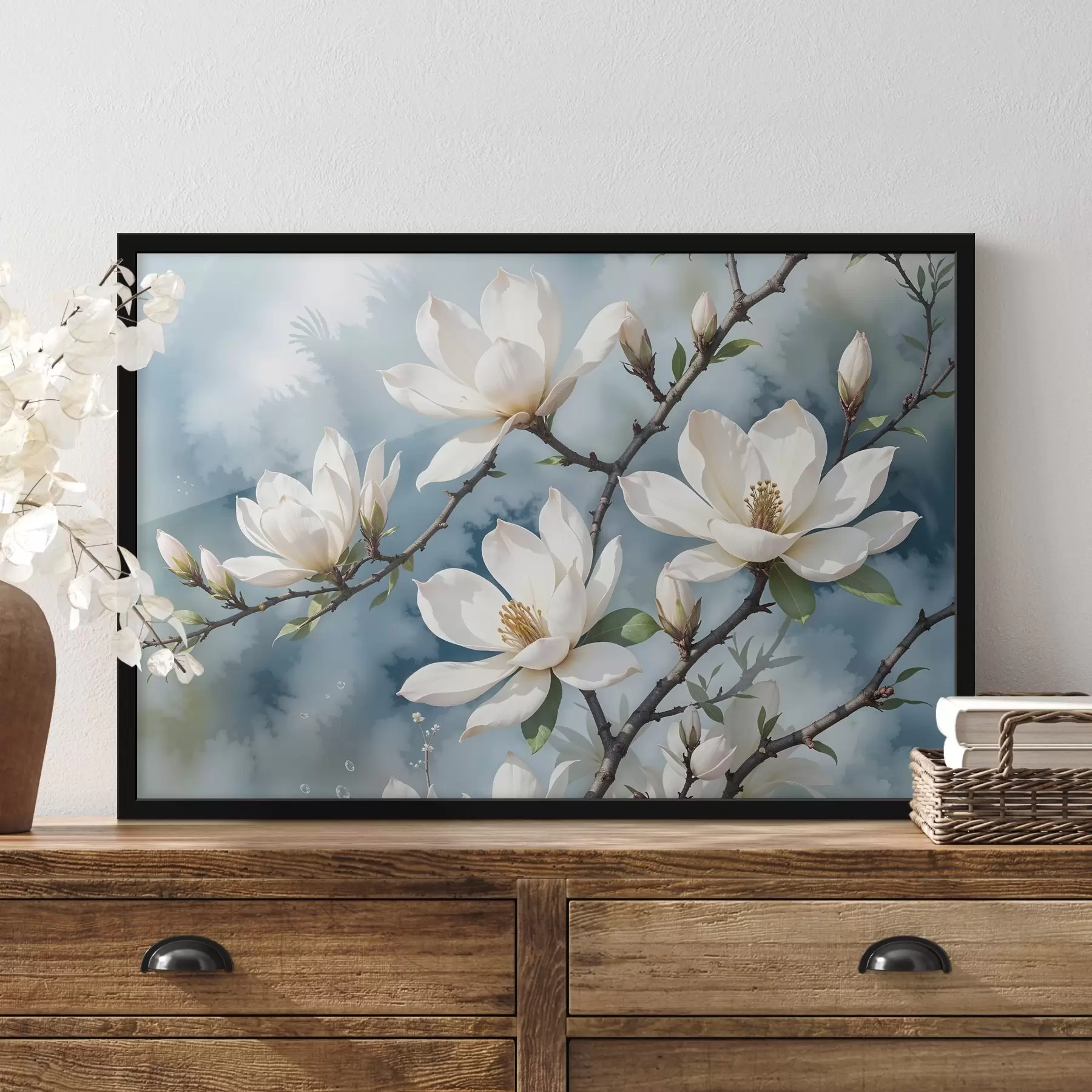 Fototapetai Baltos magnolijos gėlės žydi ant medžių šakų minkštame akvareliniame mėlyno dangaus fone f41081