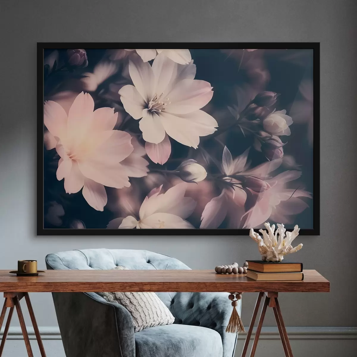 Plakatas Minkštos rožinės ir baltos spalvos senovinės lengvos gėlės su neryškiu fonu f41084