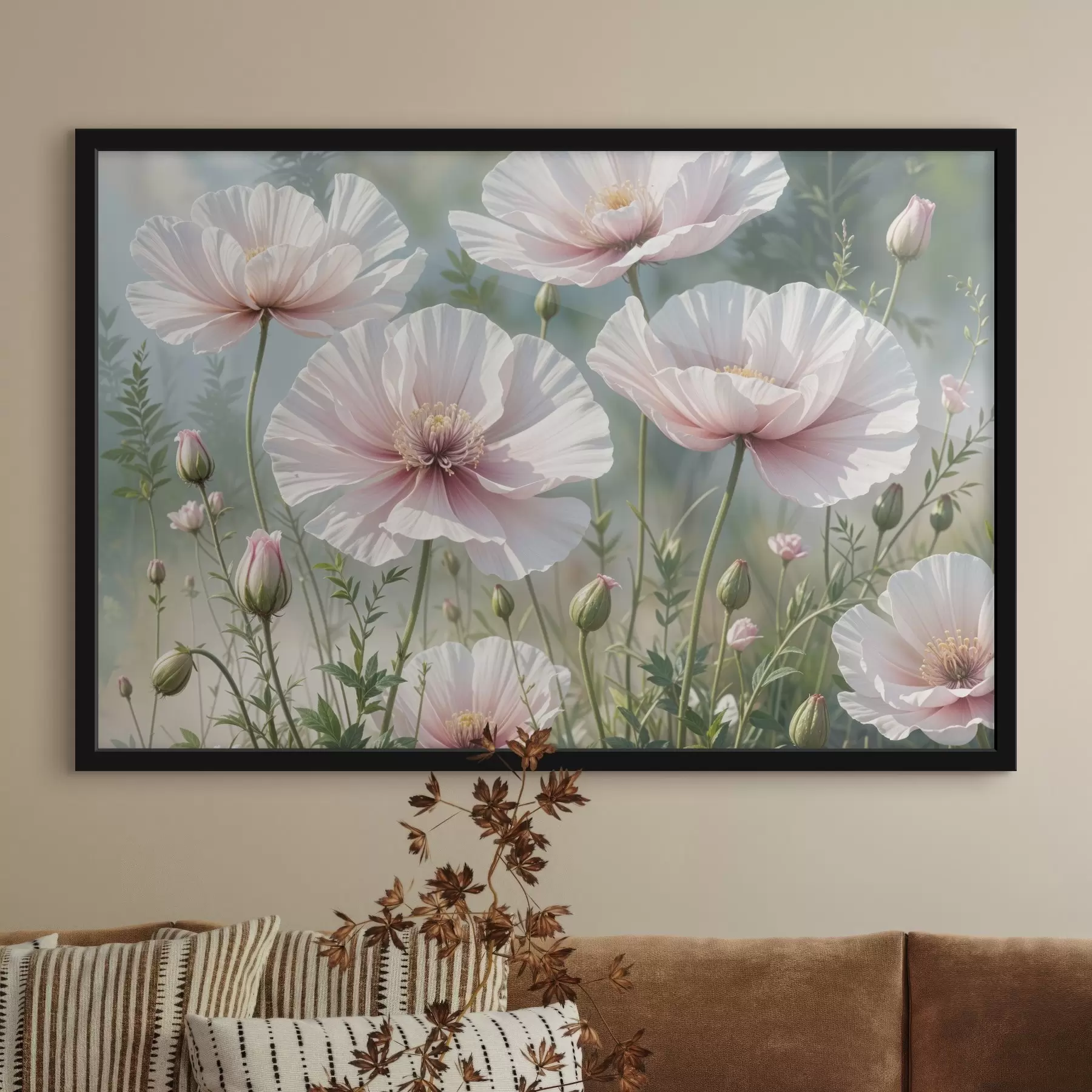 Fototapetai Švelnių, šviesiai rausvų aguonų žiedų laukas su minkštais, švelniais žiedlapiais neryškiame žaliame fone f41094
