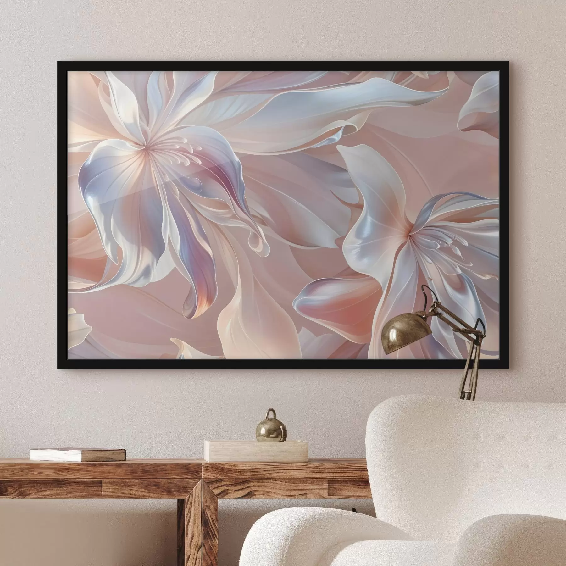 Fototapetai Subtilūs, pastelinių spalvų gėlių žiedlapiai su tekančiomis formomis ir tekstūromis, sukuriantys abstrakčią gėlių kompoziciją f41098