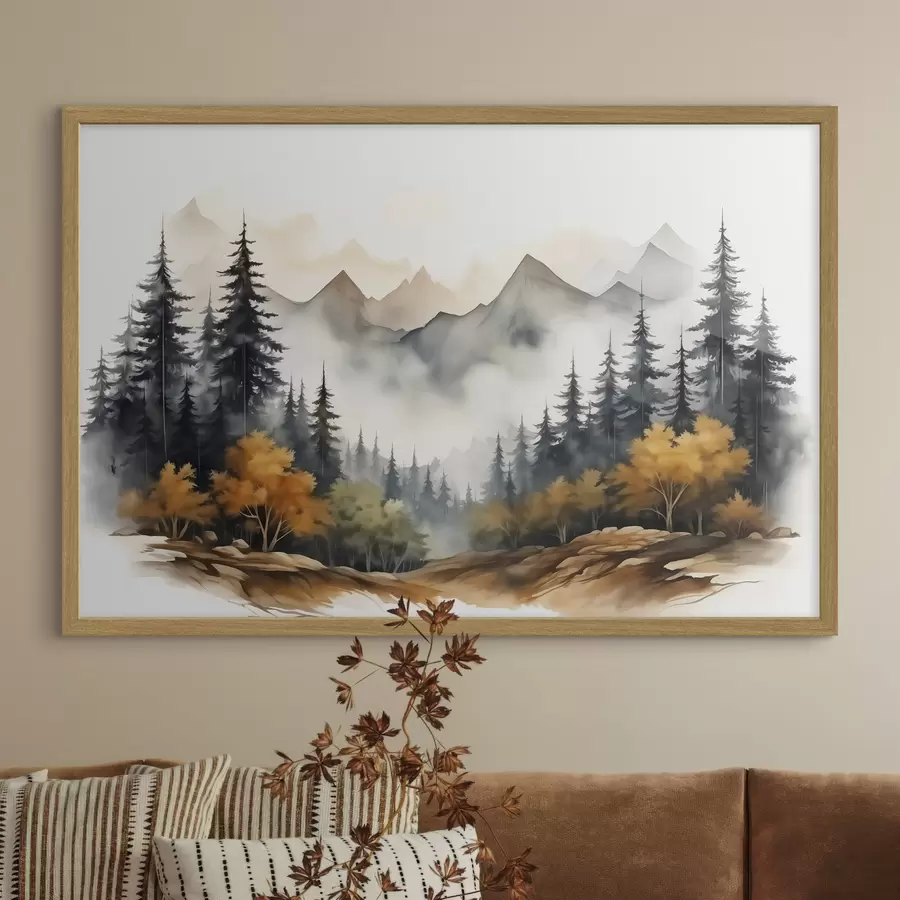 Fototapetai Miškas kalnų fone akvarelė f41240