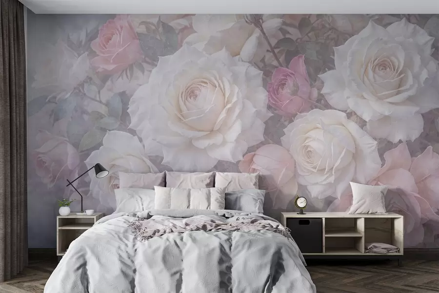 Fototapetai Minkštos pastelinių spalvų rožės ir bijūnai neryškiame, miglotai pilkos tekstūros fone w08352