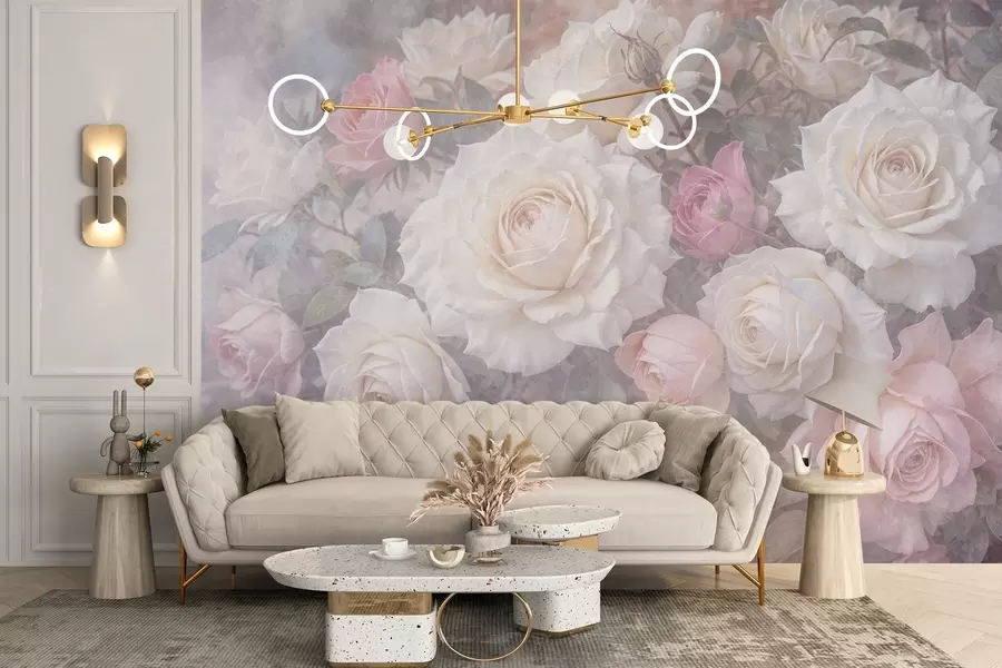 Fototapetai Minkštos pastelinių spalvų rožės ir bijūnai neryškiame, miglotai pilkos tekstūros fone w08352