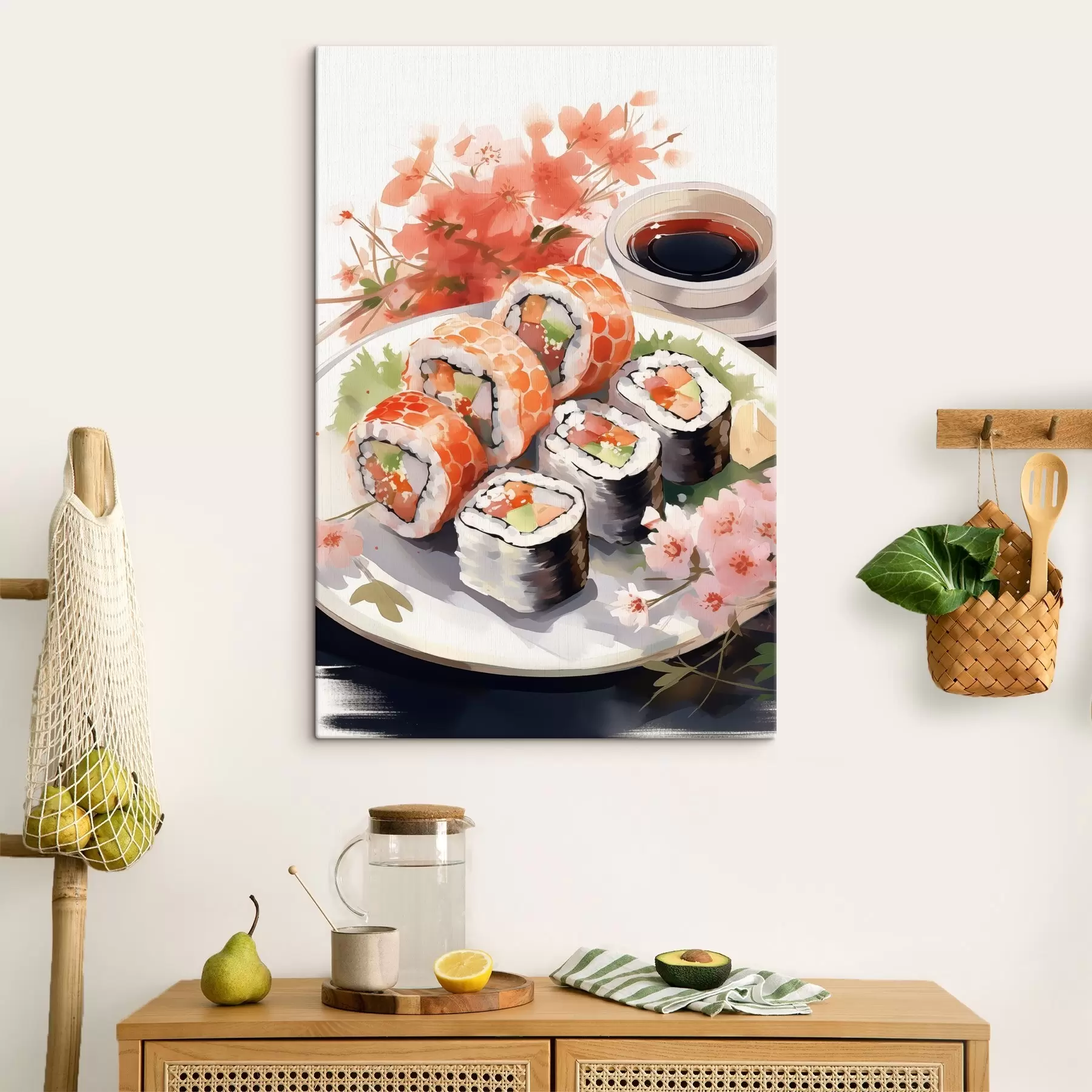 Paveikslėlis Suši lėkštėje, akvarelė, gėlių, japonų s41179