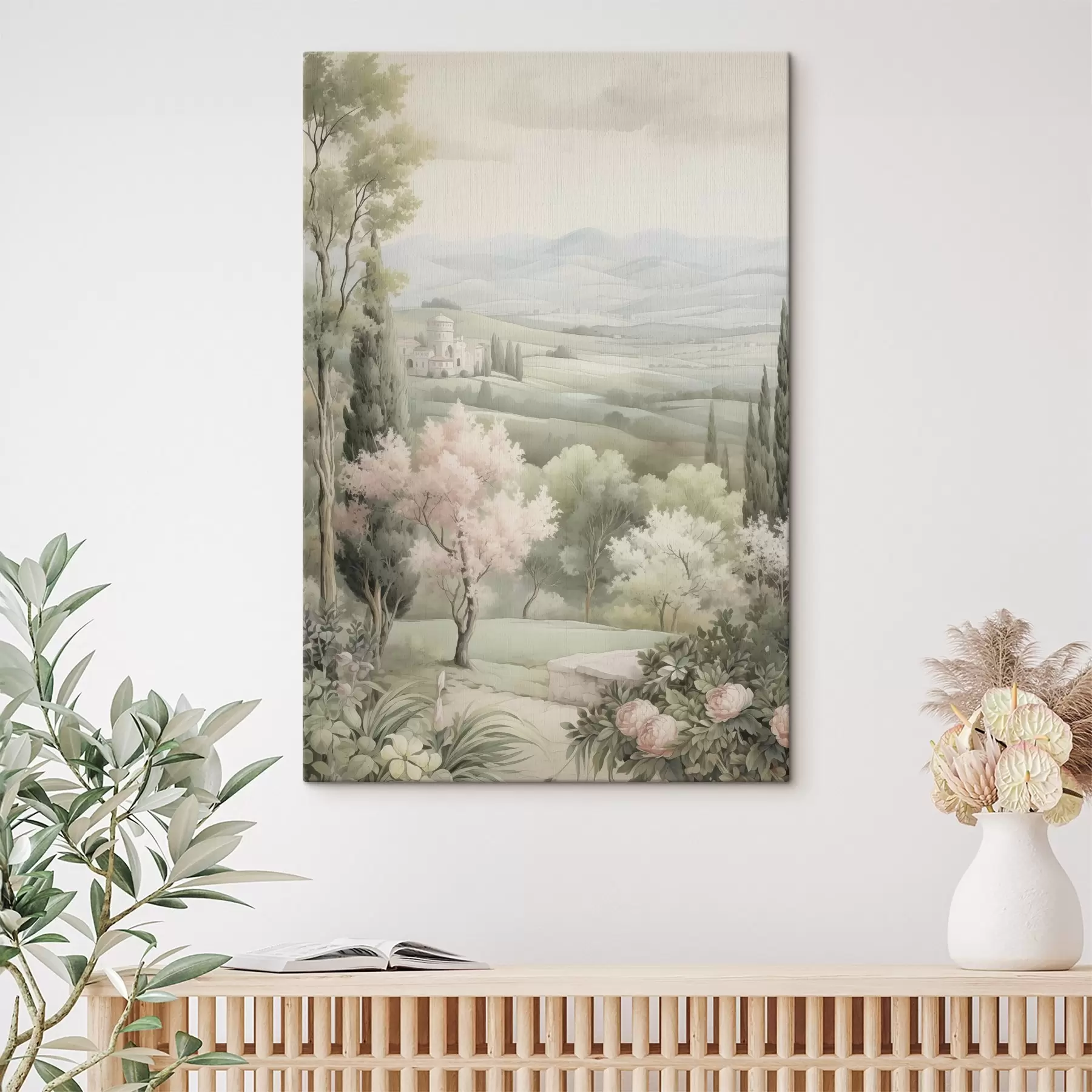 Fototapetai Akvarelė gamta, švelnios spalvos, rožės, medžiai, žalios kalvos s41223