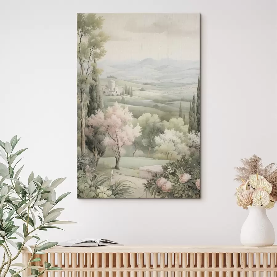 Fototapetai Akvarelė gamta, švelnios spalvos, rožės, medžiai, žalios kalvos s41223