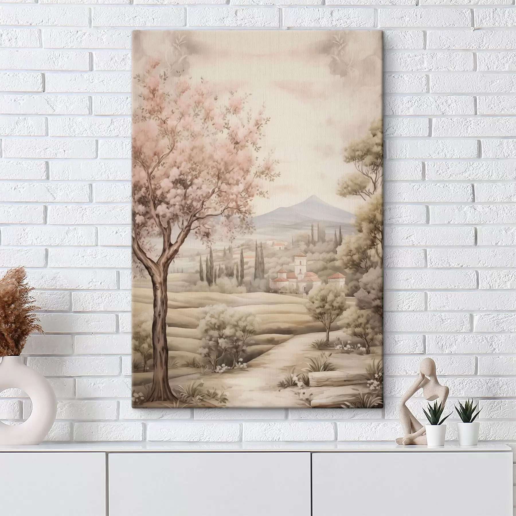 Fototapetai Akvarelės kalvos, žydinčios vyšnios, pilis, kaimiškas stilius s41225