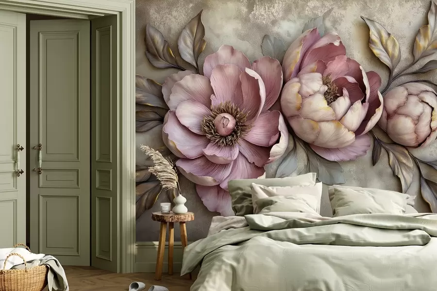 Fototapetai Gėlių violetiniai bijūnai su prislopintų pastelinių spalvų lapais ir žiedlapiais, vintažinis stilius w01825