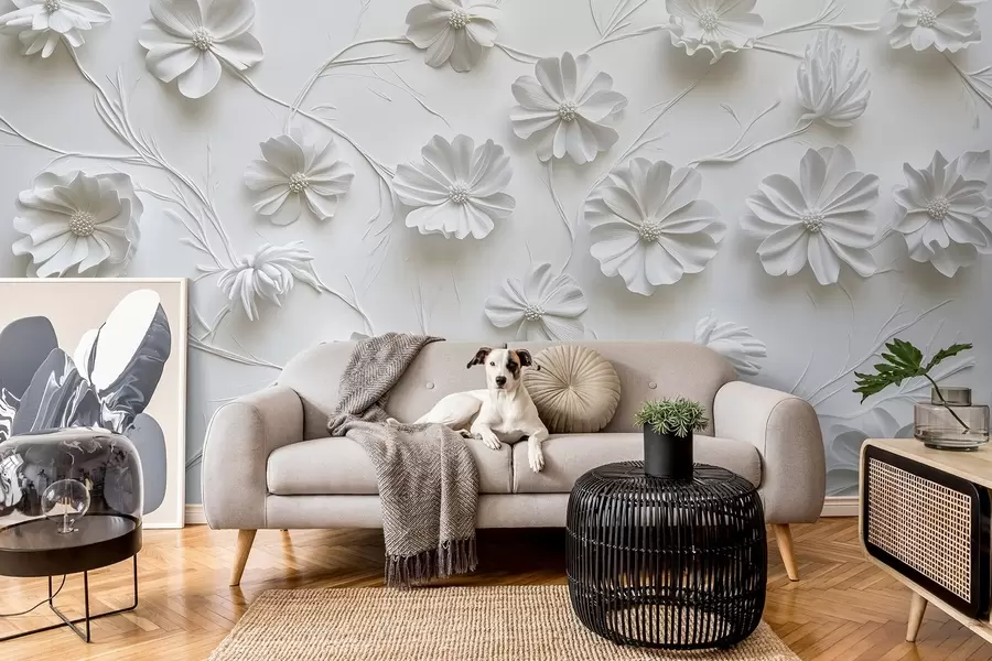 Fototapetai Baltos spalvos reljefinė gėlių kompozicija minimalistiniu ir rafinuotu stiliumi w01828