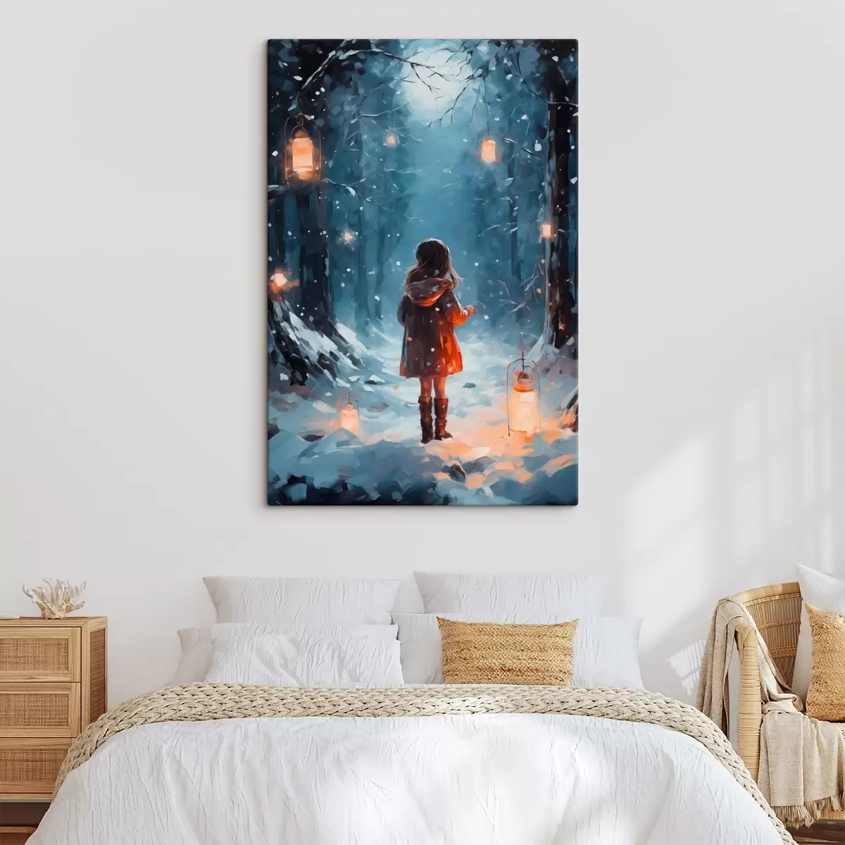 Paveikslėlis Mergaitė naktiniame žiemos miške tarp medžių ir žibintų s41277