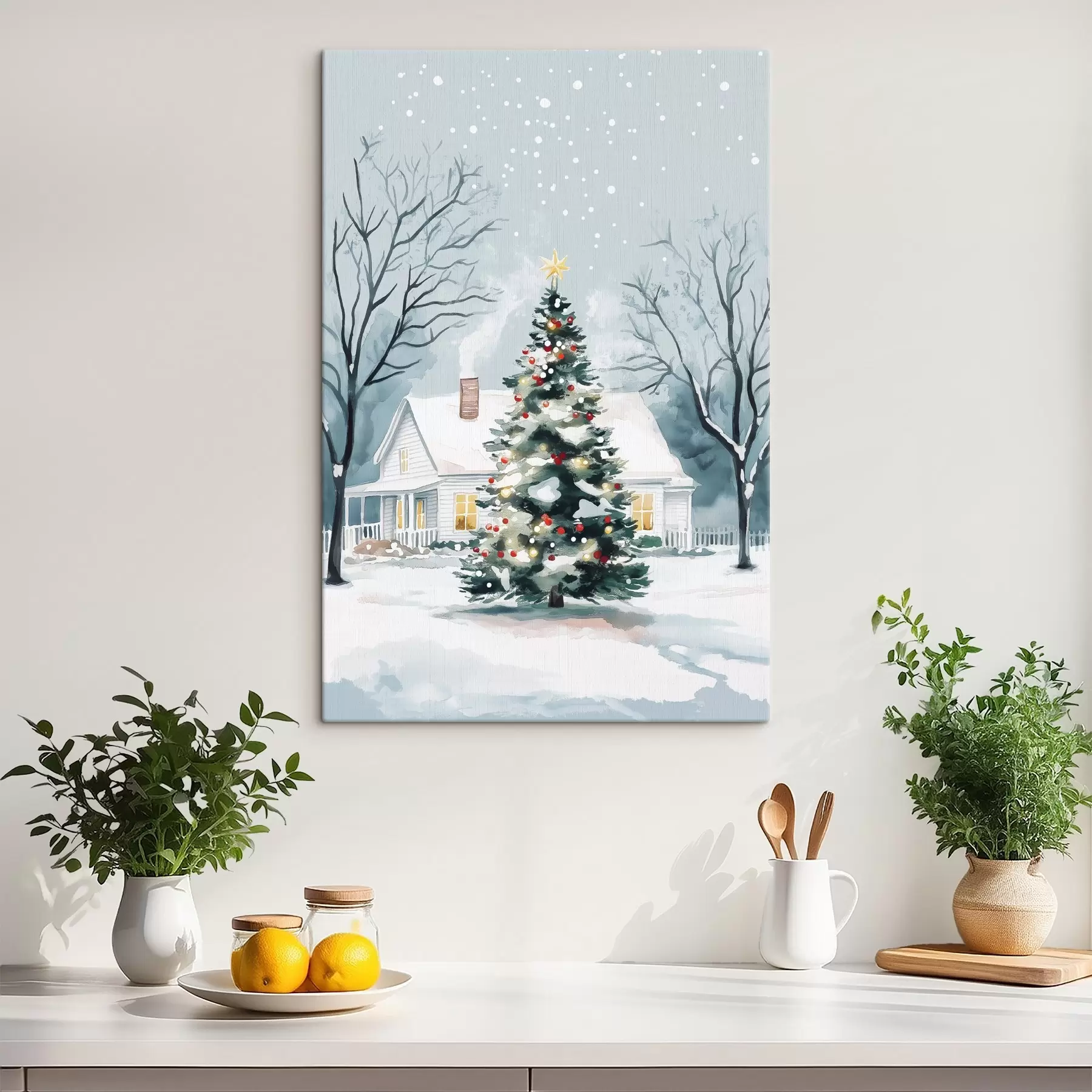Fototapetai Žiemos miestelis, papuošta pušis, Kalėdos, akvarelė s41364