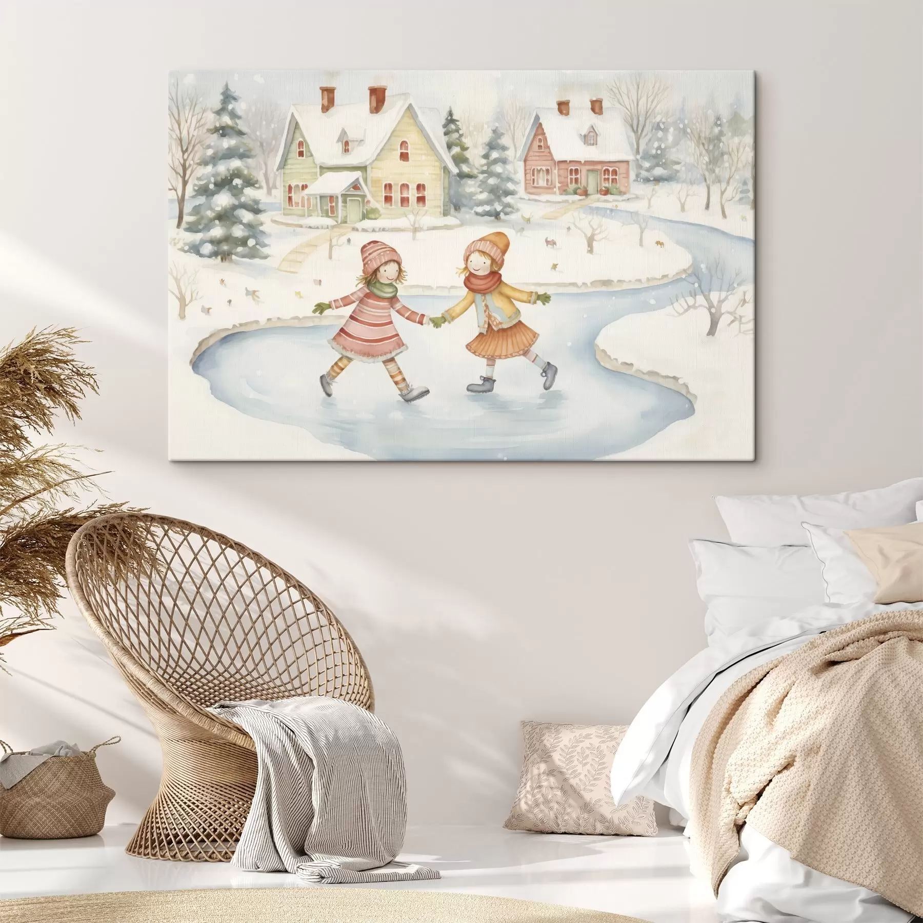 Fototapetai Žiemos scena su dviem mergaitėmis, čiuožiančiomis ant ledo, žiemos miestas, namai, miškas s41377