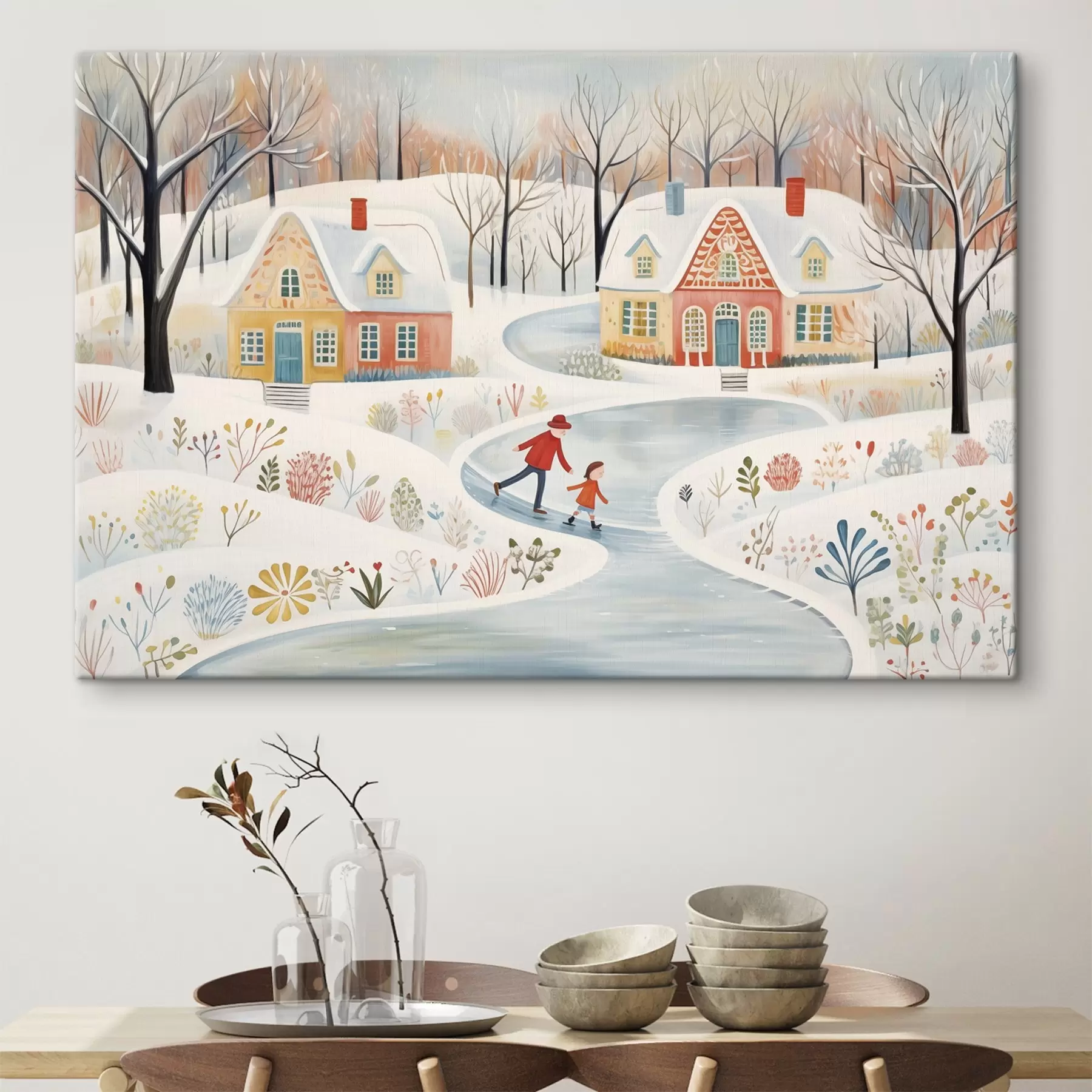 Fototapetai Žiemos kaimas, miškas, gėlės, čiuožimas ant ledo, spalvingi namai s41378