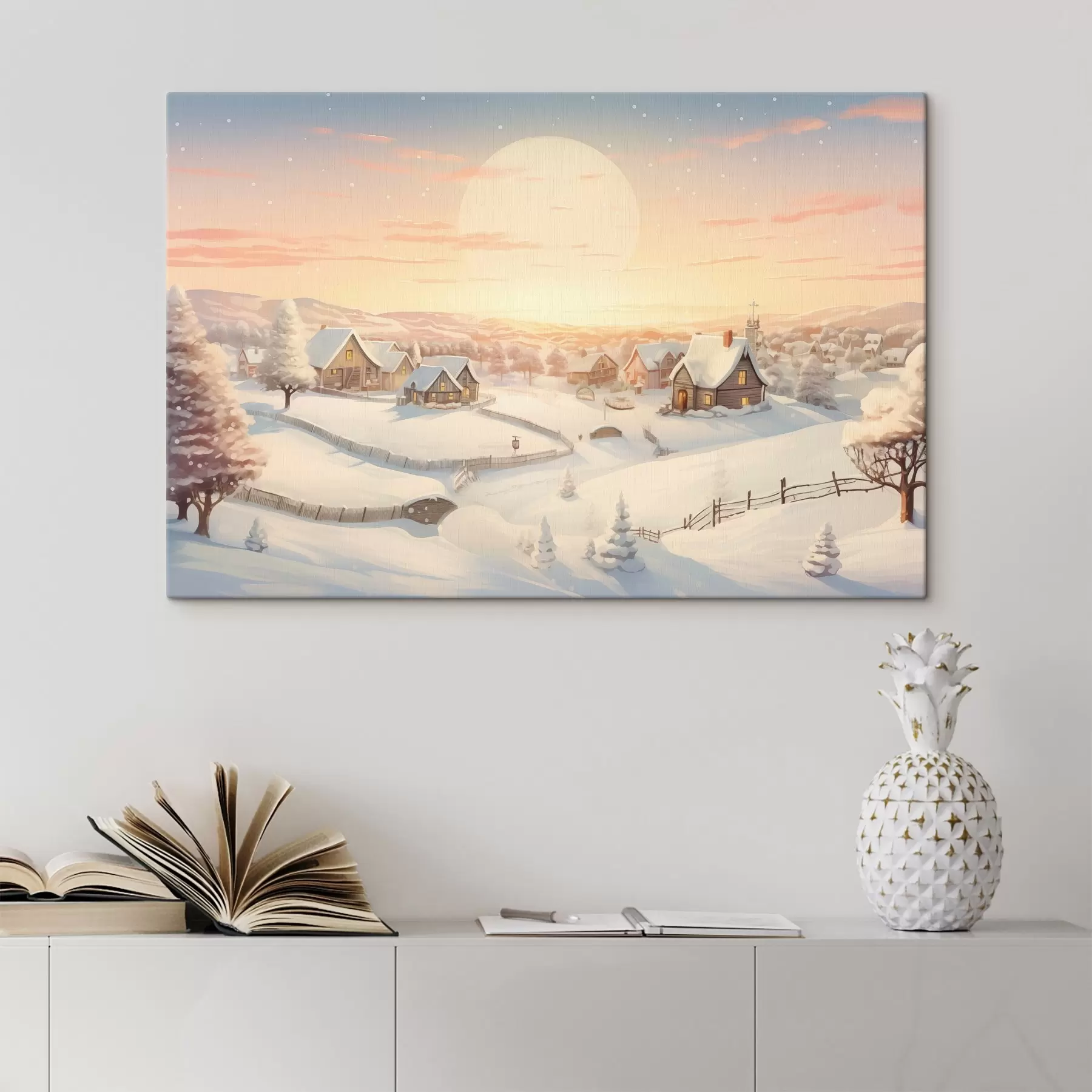 Fototapetai Žiemos kaimas saulėlydyje, sniegu padengti namai, pušys s41380