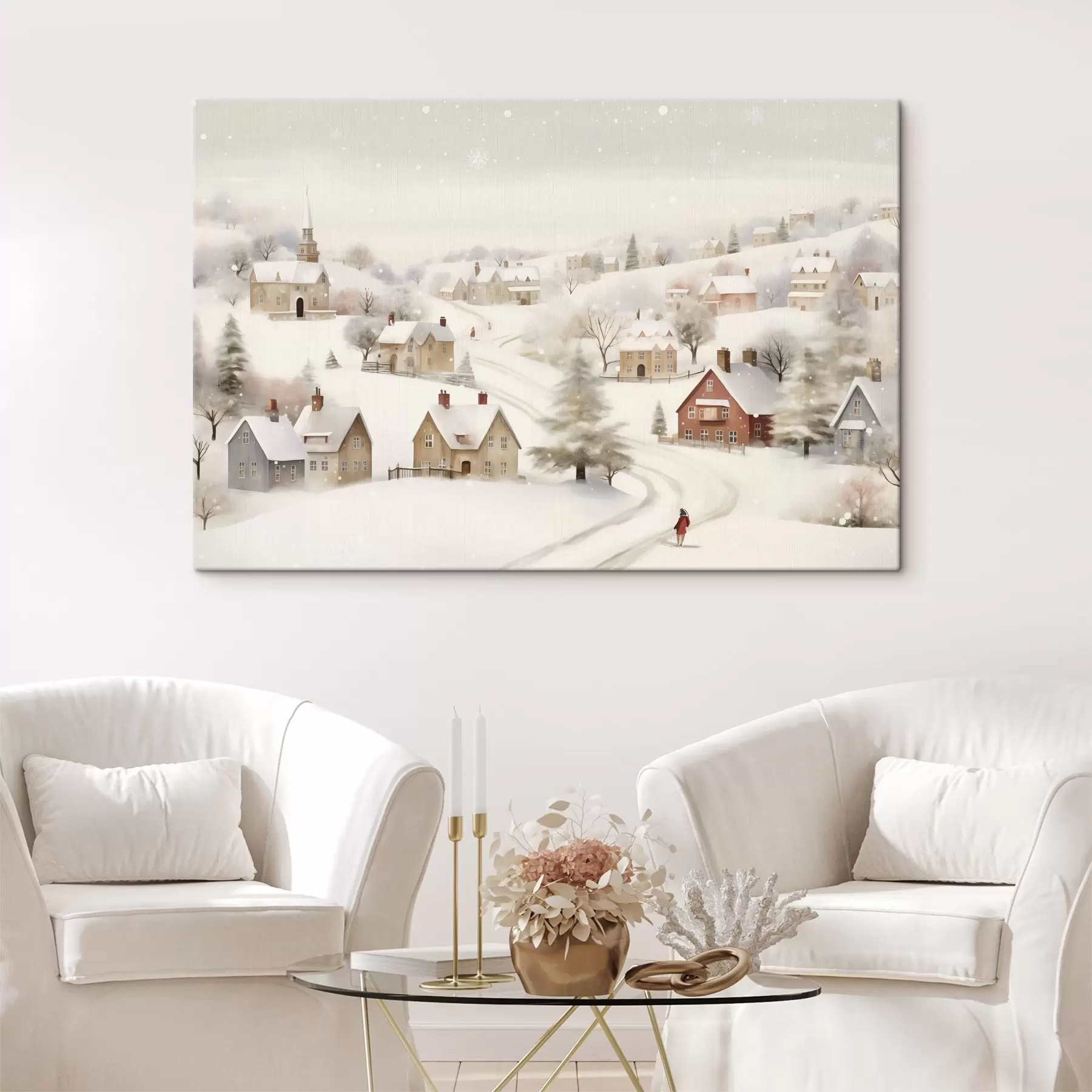 Fototapetai Žiemos kaimas, akvarelė, snaigės, švelnios spalvos, medžiai, peizažas  s41381