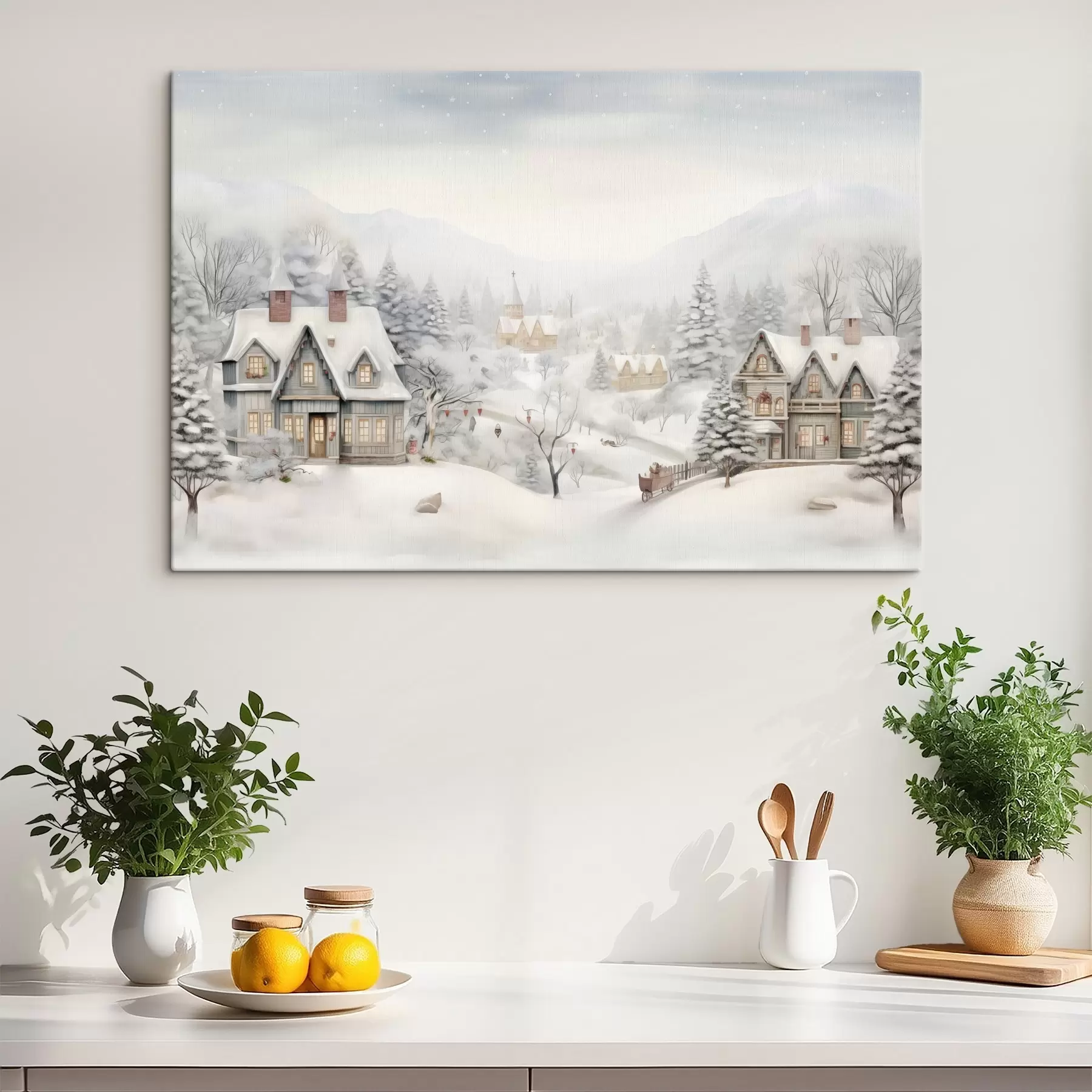 Fototapetai Gražus žiemos kraštovaizdis su kaimu, pušimis, namais, kalnais s41384
