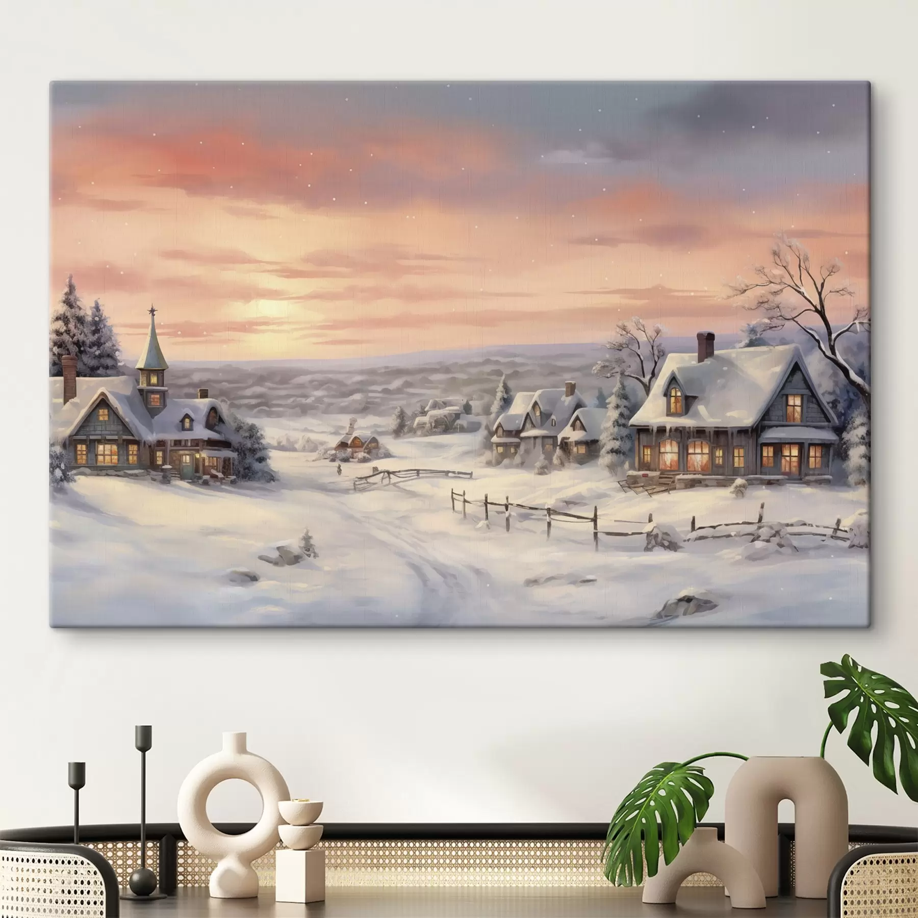Fototapetai Saulėlydis žiemos kaime, kaimiškas, akvarelė, snaigės s41386