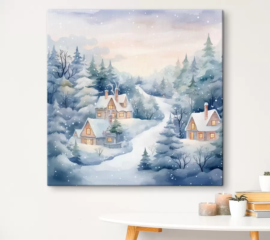 Fototapetai Akvarelė žiemos peizažas, pušynas, namai s41387