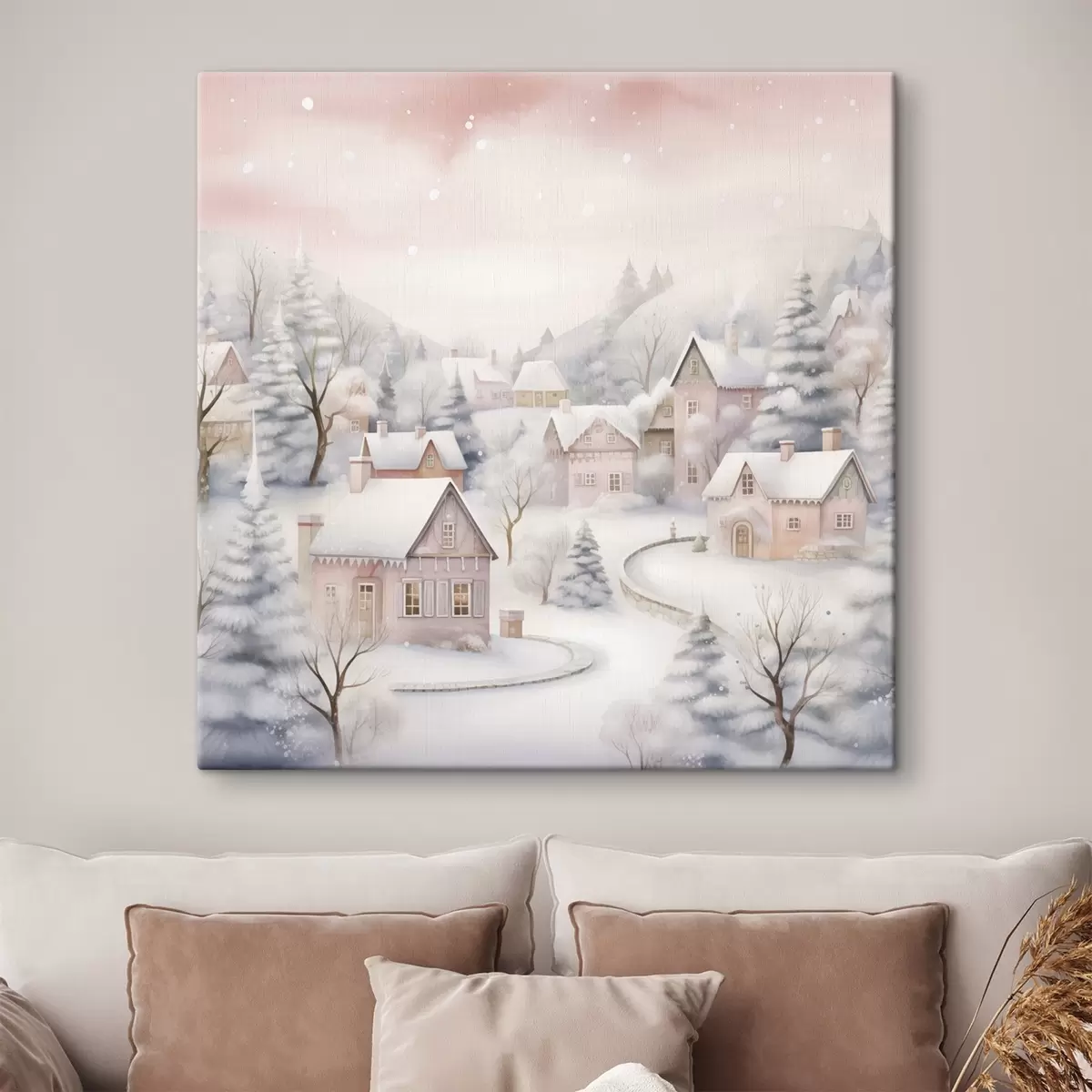 Paveikslėlis Akvarelė žiemos kaimas, pušynas, namai, kalnai, švelnios pastelinės spalvos s41388