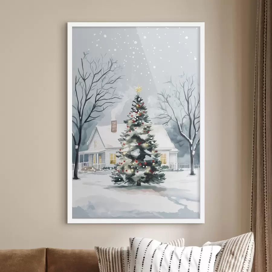 Fototapetai Žiemos miestelis, papuošta pušis, Kalėdos, akvarelė f41364