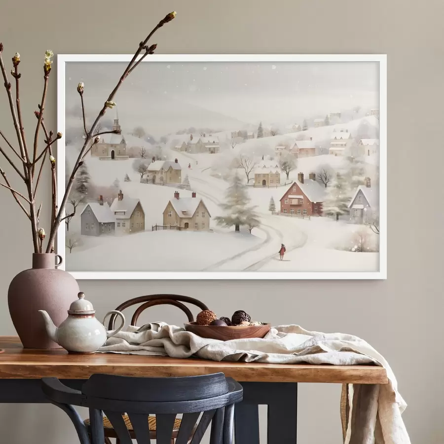 Fototapetai Žiemos kaimas, akvarelė, snaigės, švelnios spalvos, medžiai, peizažas f41381