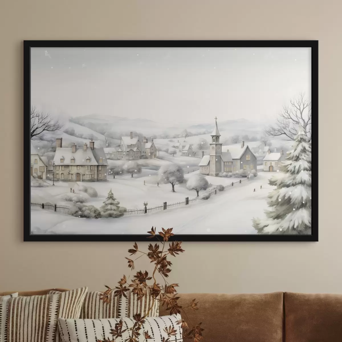 Plakatas Gražus žiemos kaimas, medžiai, namai, akvarelė, kalnai f41382