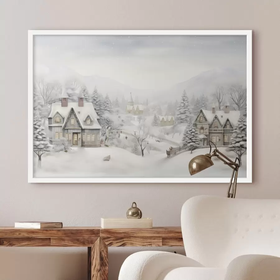 Fototapetai Gražus žiemos kraštovaizdis su kaimu, pušimis, namais, kalnais f41384