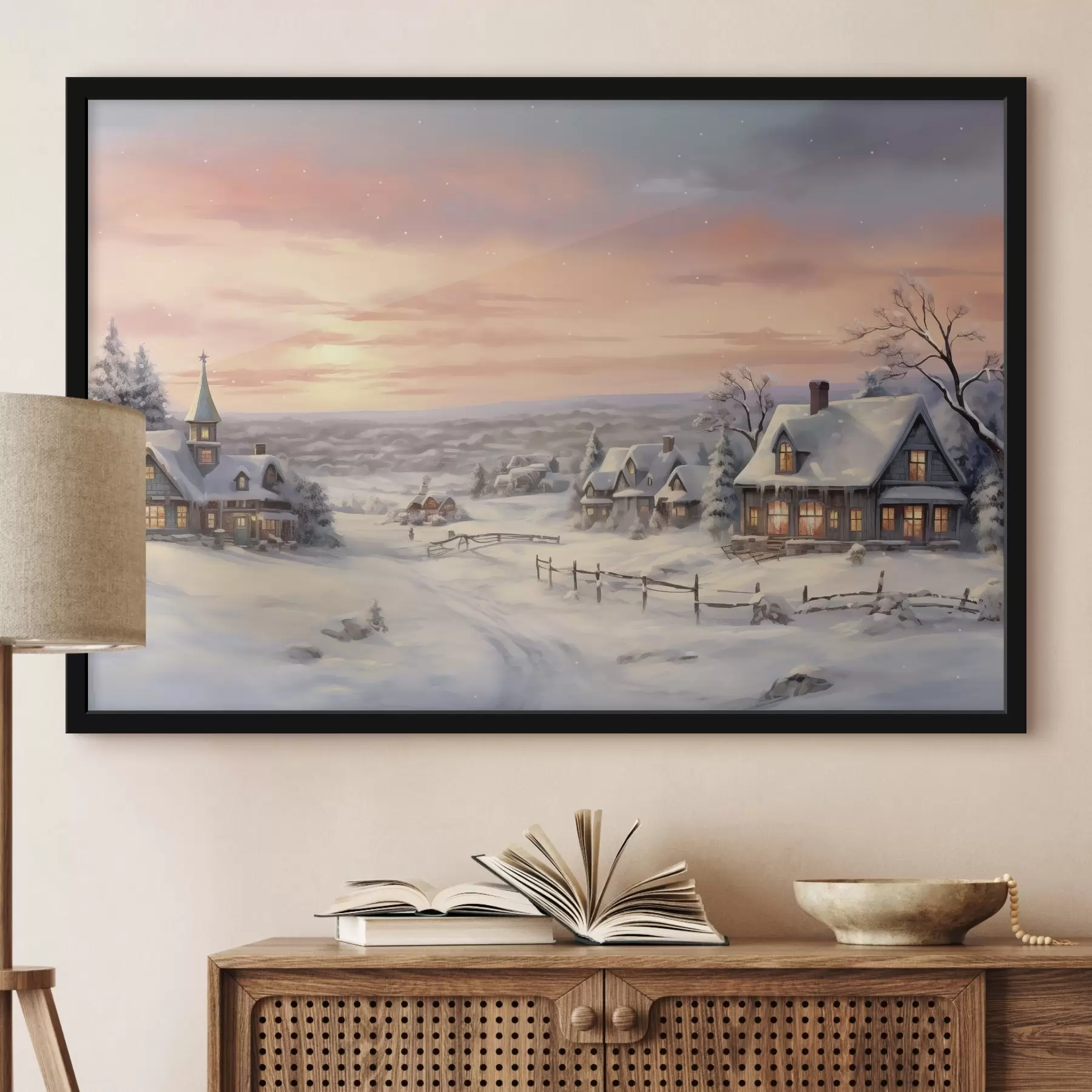 Fototapetai Saulėlydis žiemos kaime, kaimiškas, akvarelė, snaigės f41386