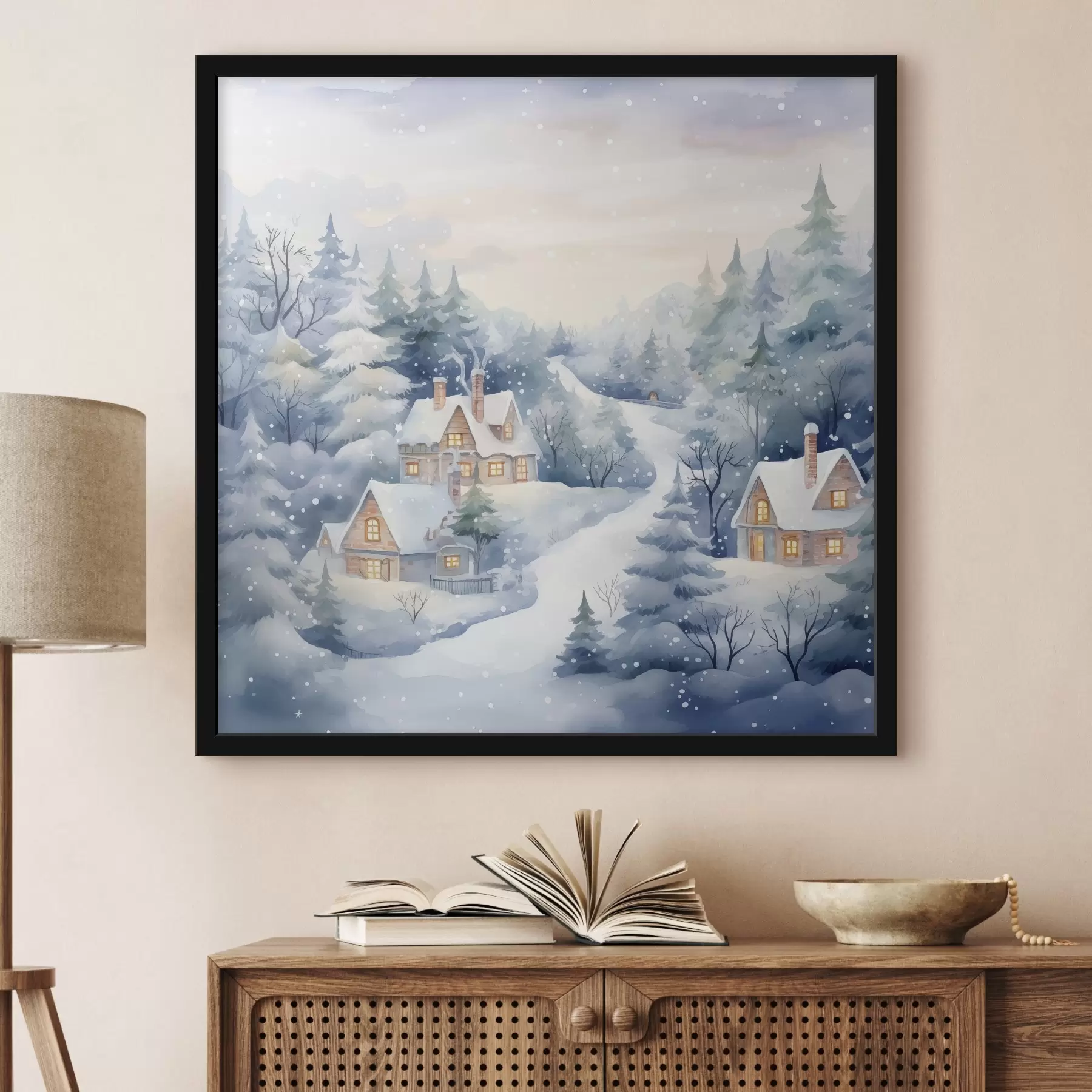 Fototapetai Akvarelė žiemos peizažas, pušynas, namai f41387