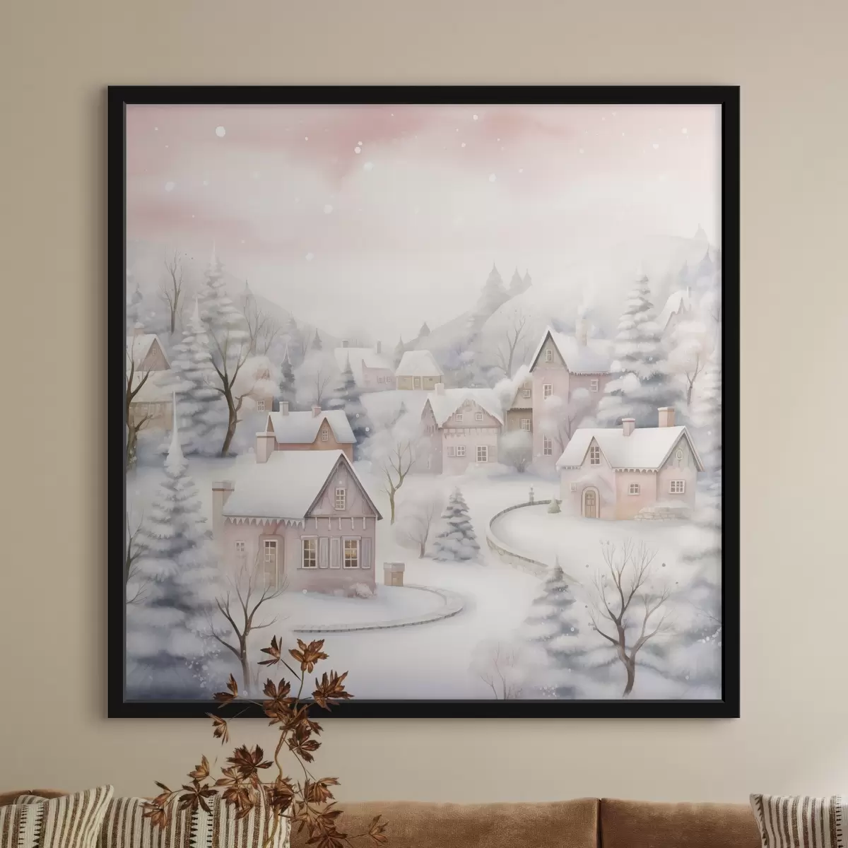 Plakatas Akvarelė žiemos kaimas, pušynas, namai, kalnai, švelnios pastelinės spalvos f41388
