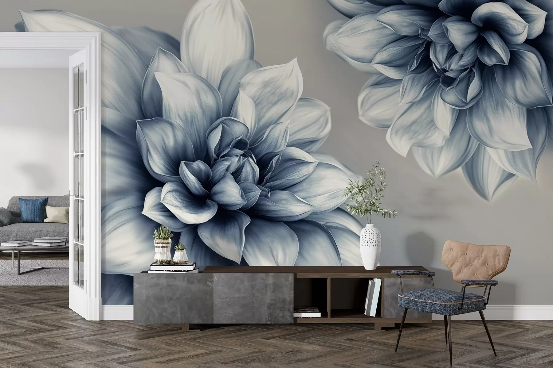 Fototapetai Gėlės su daugybe žiedlapių, perteiktos pilkų ir mėlynų tonų gradacijomis w01937