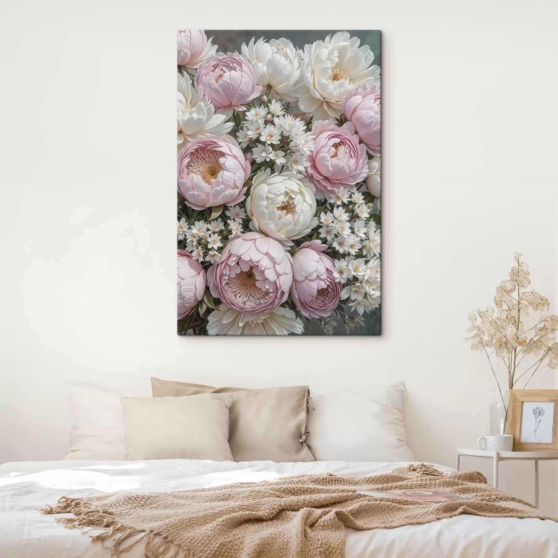 Paveikslėlis Puokštė iš pastelinių rausvų bijūnų ir baltų margučių, sukomponuota į gražią gėlių kompoziciją s41255