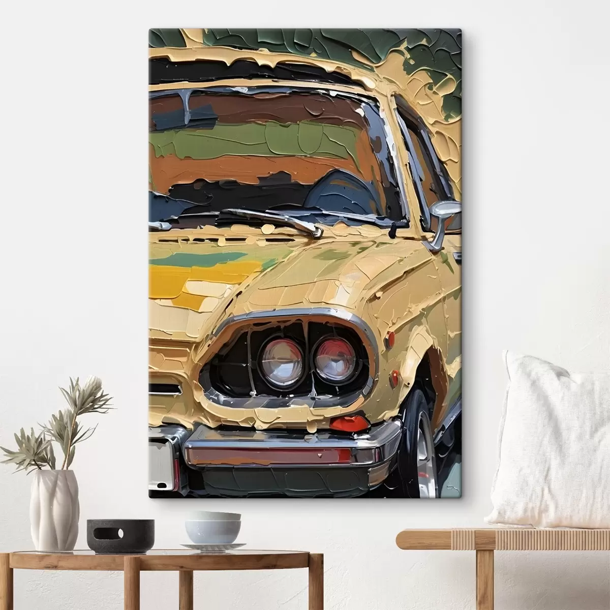 Paveikslėlis Imitacija impasto aliejinės tapybos geltono automobilio spalvingame, abstrakčiame fone  s41261