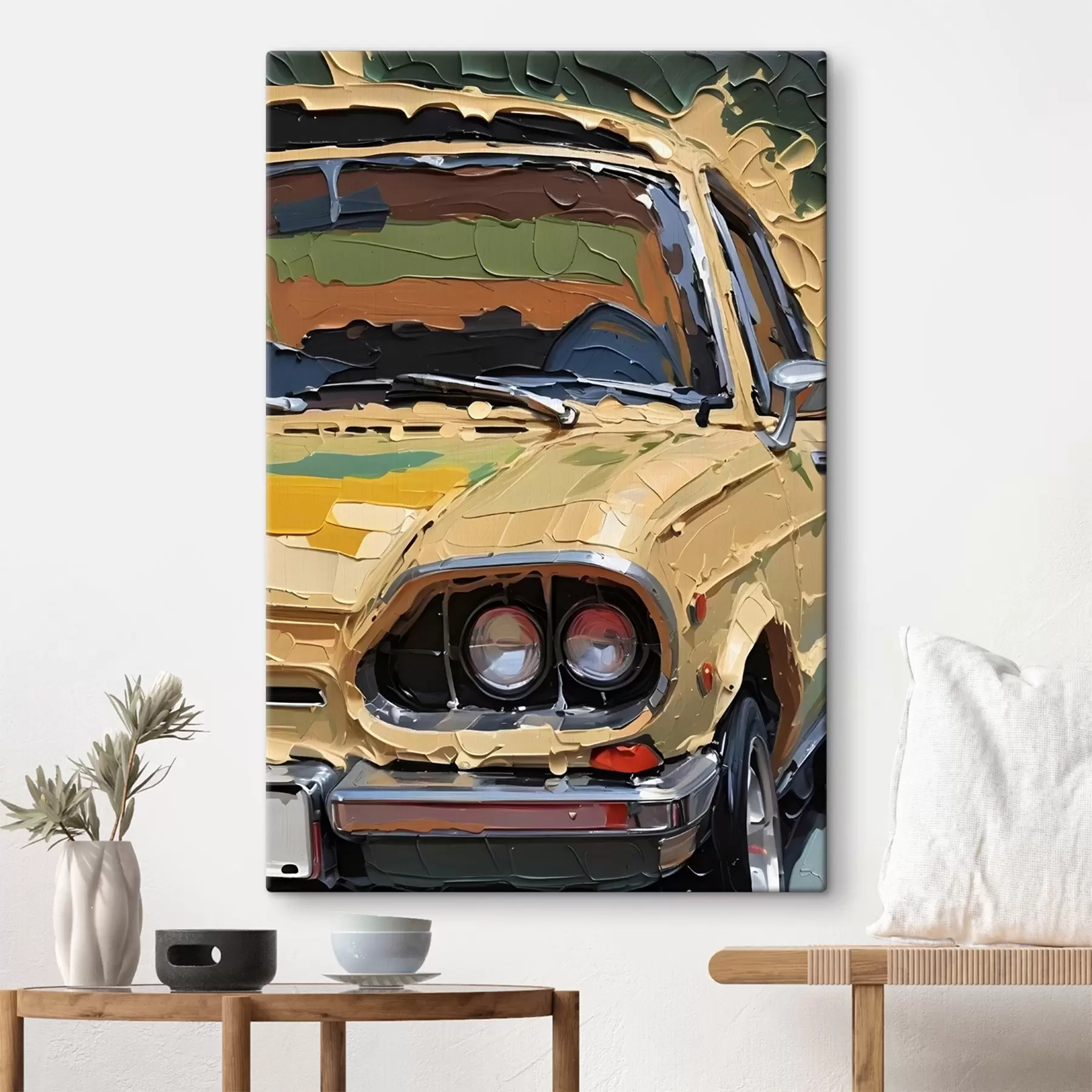 Fototapetai Imitacija impasto aliejinės tapybos geltono automobilio spalvingame, abstrakčiame fone  s41261
