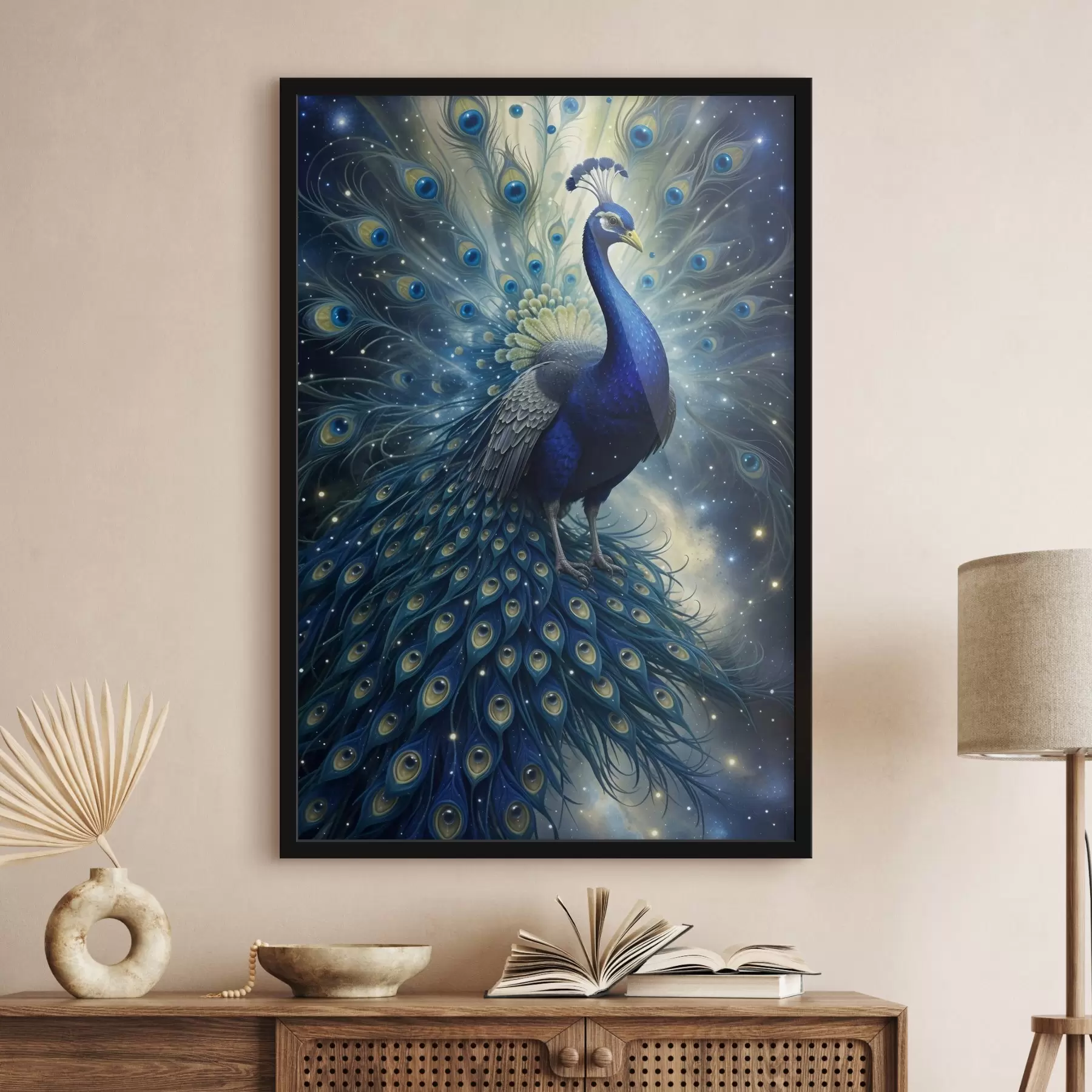 Fototapetai Ryškus ir didingas povas žvaigždėto nakties dangaus fone, sukuriantis stebuklingą ir nežemišką atmosferą f41256