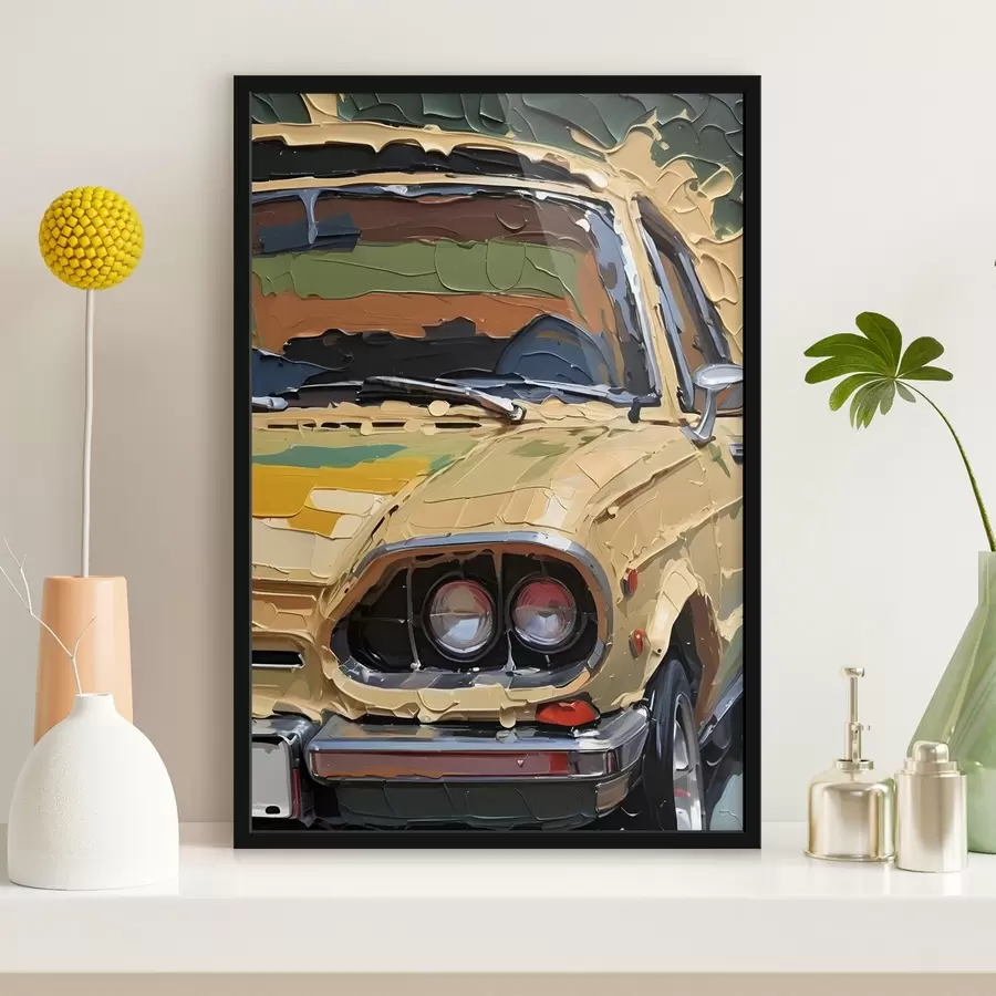 Fototapetai Imitacija impasto aliejinės tapybos geltono automobilio spalvingame, abstrakčiame fone f41261