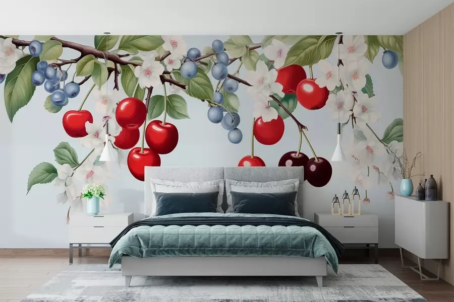 Fototapetai Uogų sodas: šakos su vyšniomis, mėlynėmis ir gėlėmis w01975