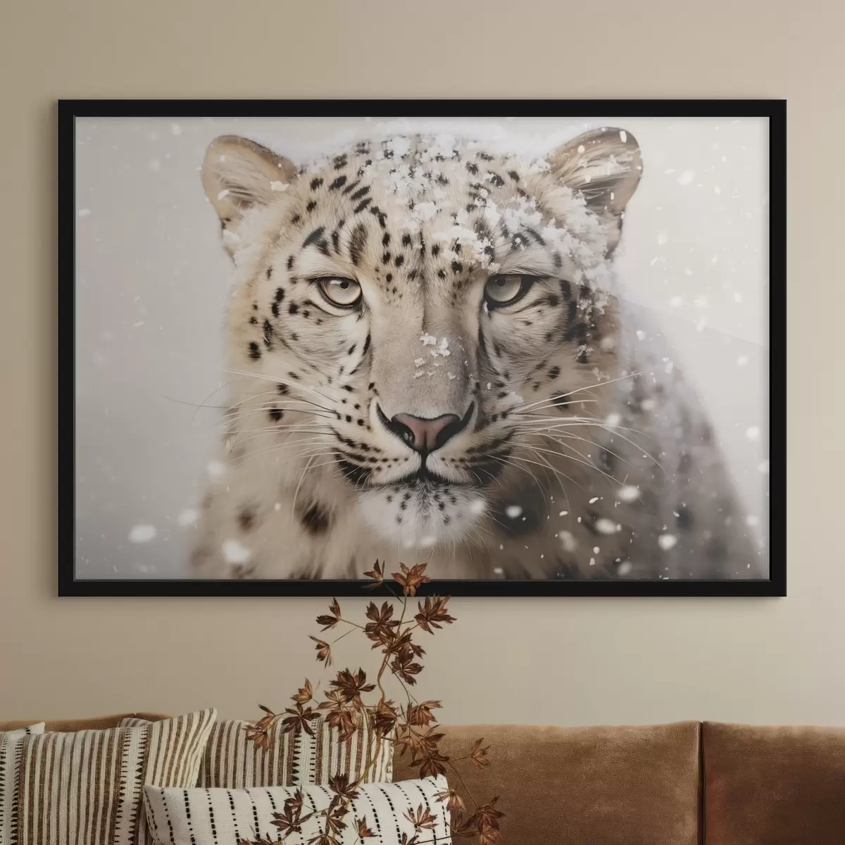 Plakatas Leopardo portretas po krintančiu sniegu f41434