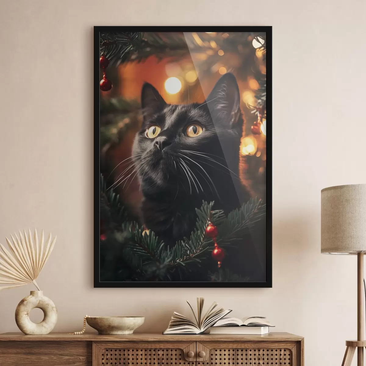 Plakatas Juoda katė Naujųjų metų šviesų fone f41441