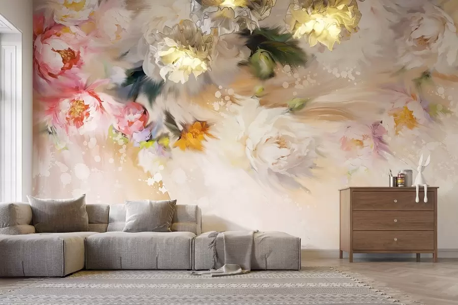 Fototapetai Akriliniai bijūnai, teptuko potėpiai, gėlių, švelnios pastelinės smėlio spalvos w02021v2