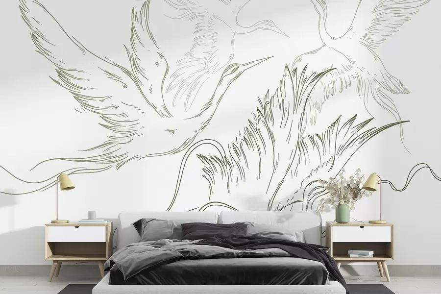 Fototapetai Paukščiai plaukioja, minimalizmas, linijų menas, gamta, žalia spalva w02061v2