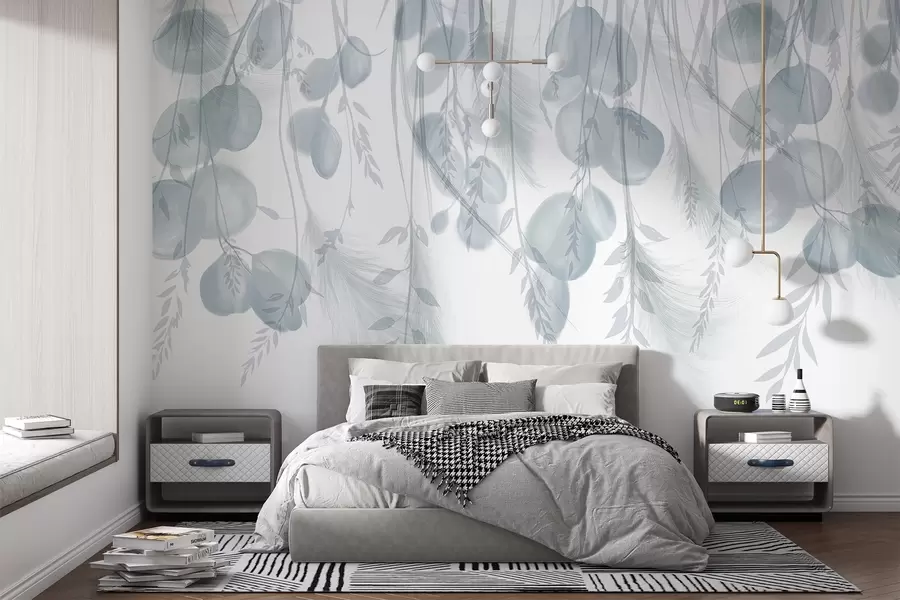 Fototapetai Švelnūs pilki ir pasteliniai žali eukaliptų lapai krenta, sukurdami giedrą ir raminančią atmosferą w08380