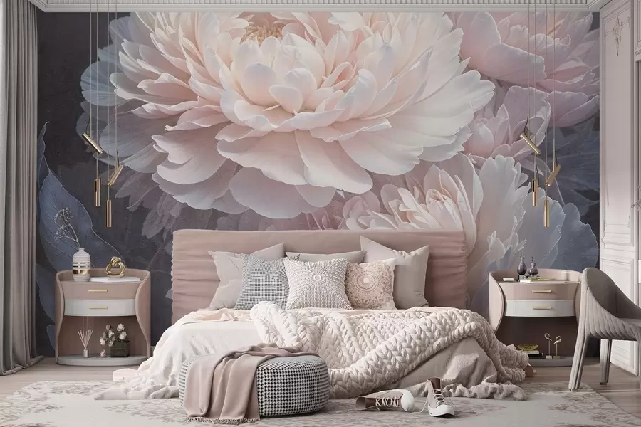 Fototapetai Du dideli, švelnūs rožiniai bijūnai su minkštais, pūkuotais žiedlapiais ir lapais neryškiame fone stambiu planu w08382