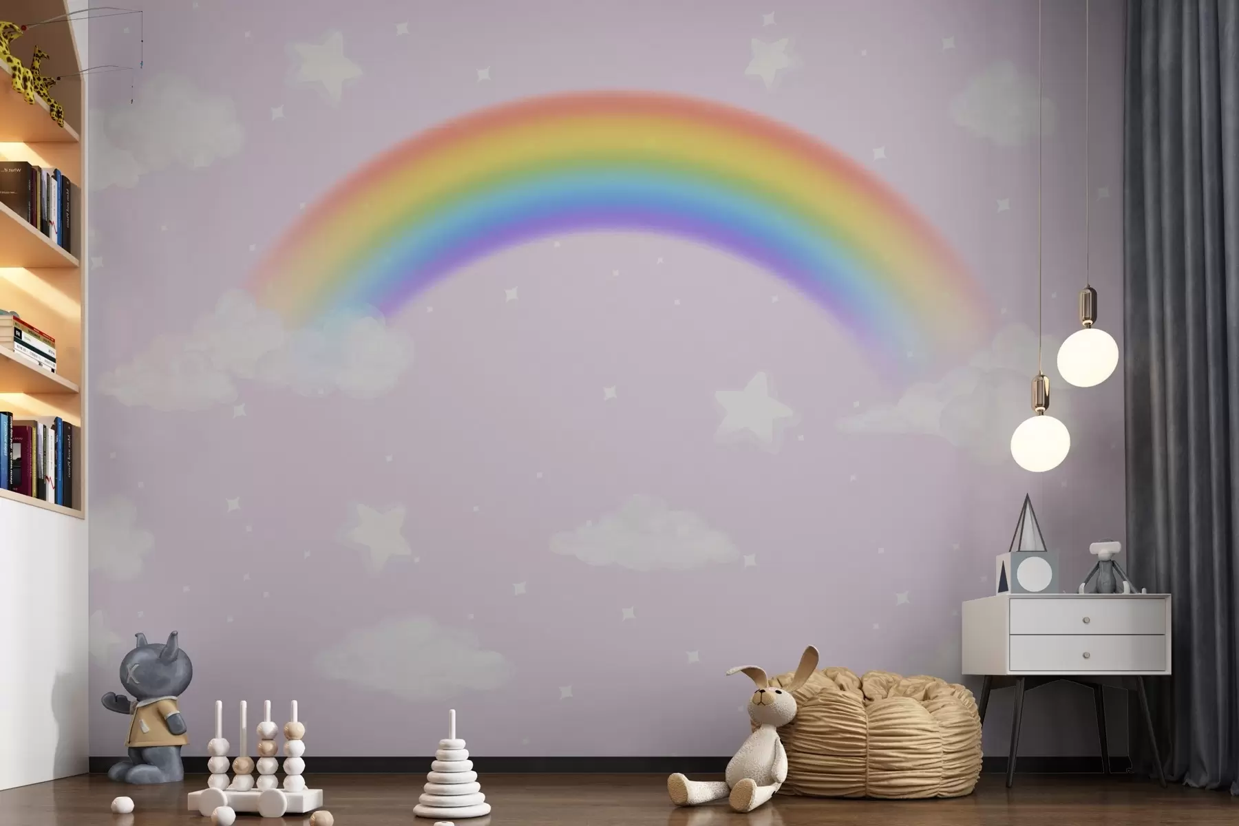 Fototapetai Įnoringa vaivorykštė tarp pūkuotų debesų w00013