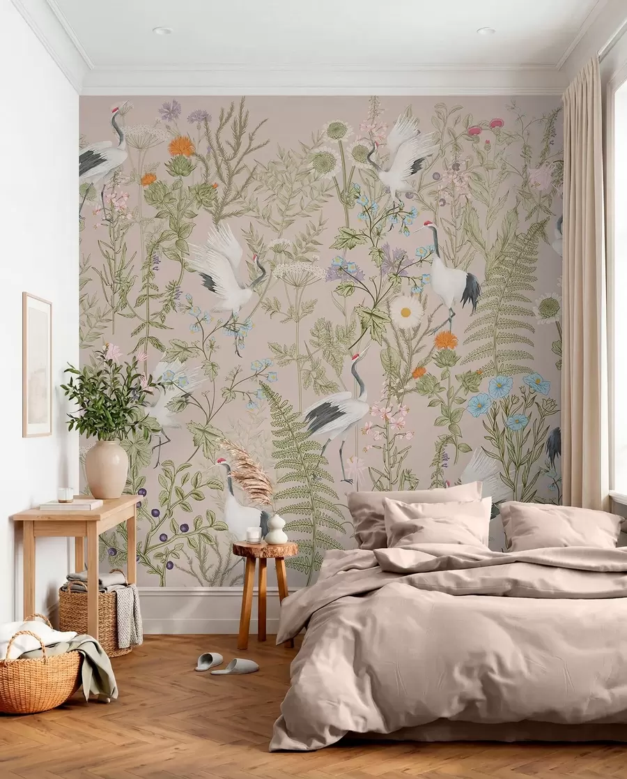 Fototapetai Elegantiškos gervės tarp gyvybingų žiedų w00380