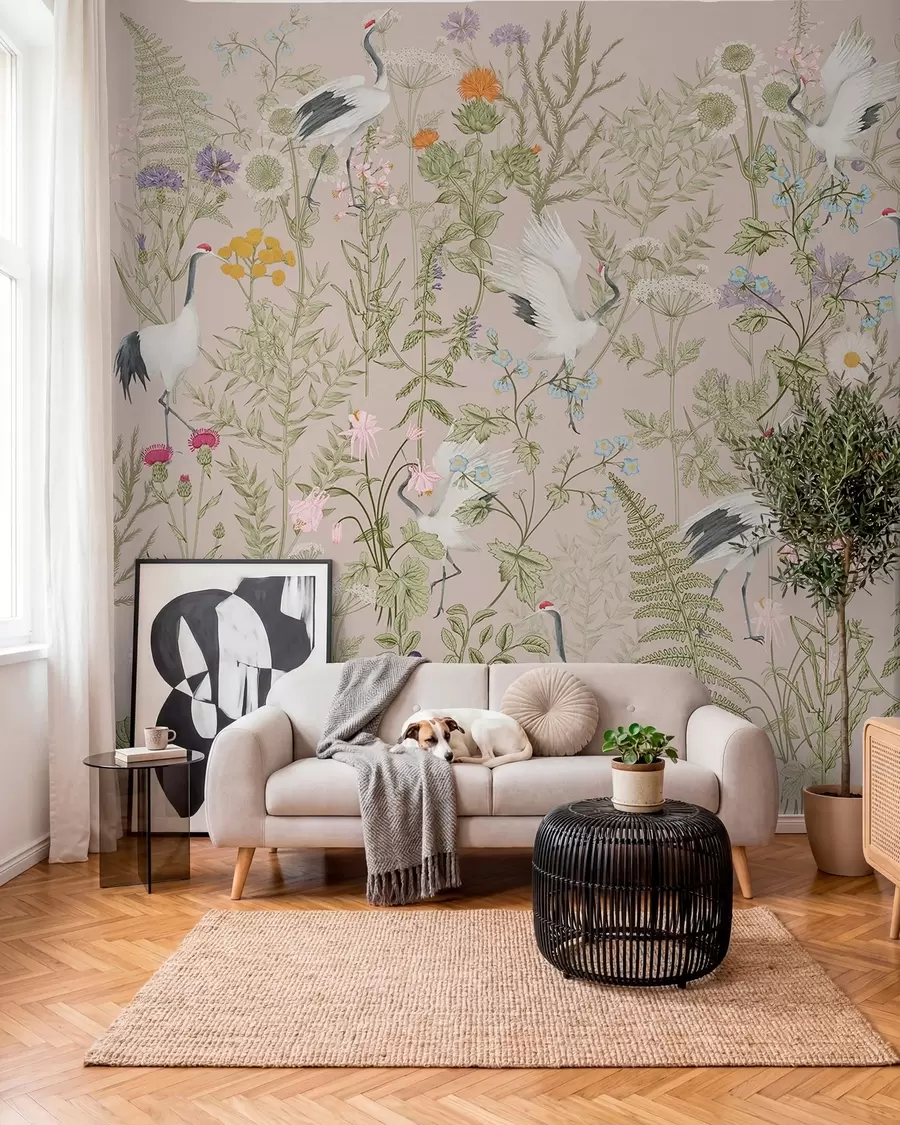 Fototapetai Elegantiškos gervės tarp gyvybingų žiedų w00380