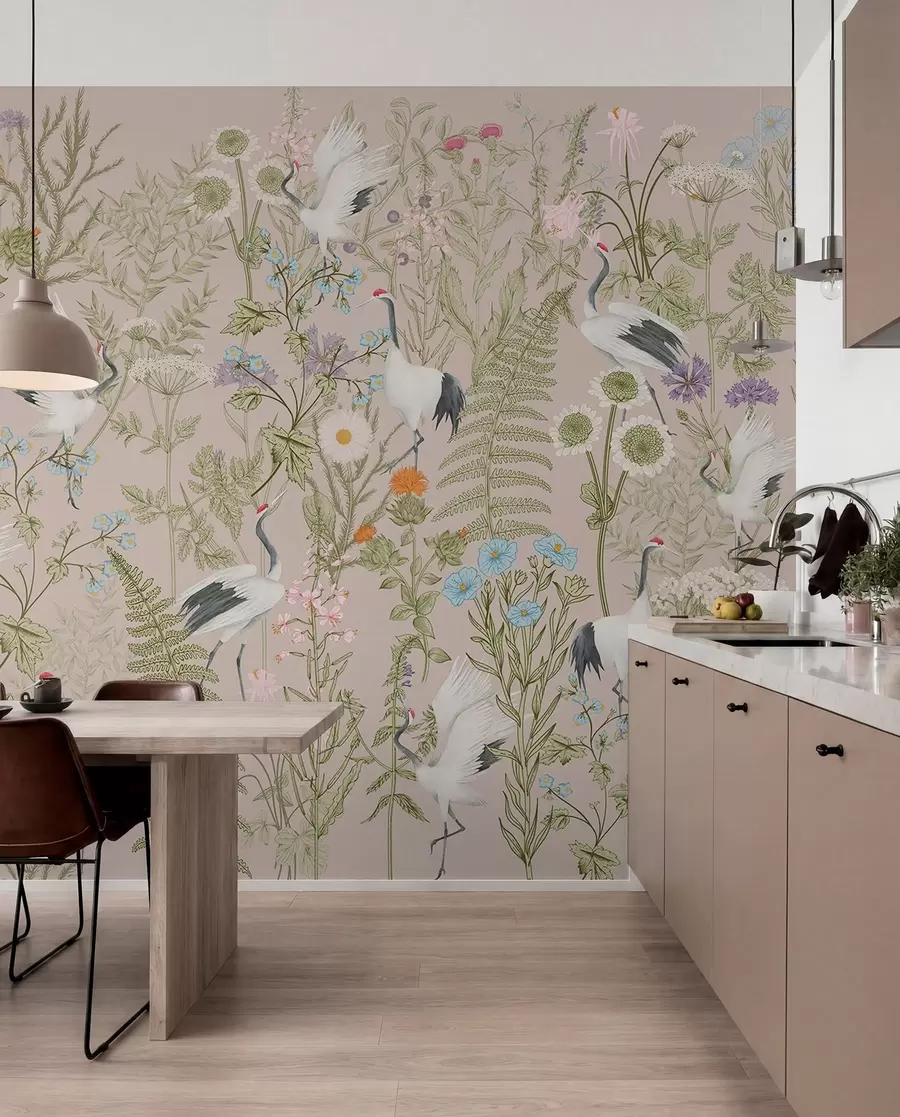 Fototapetai Elegantiškos gervės tarp gyvybingų žiedų w00380