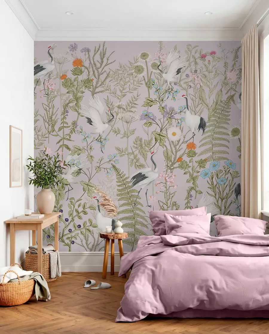 Fototapetai Elegantiškos gervės tarp gyvybingų žiedų w00380v3